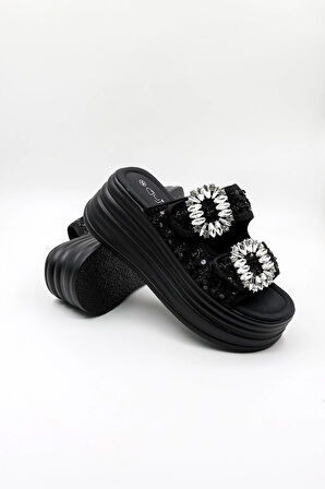 Guja Ortopedik Dolgu Topuklu Taşlı Dantelli Şık Terlik GJ405 Siyah