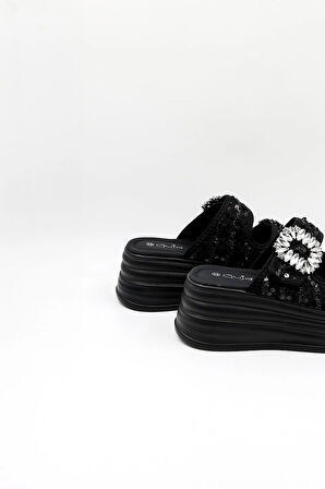 Guja Ortopedik Dolgu Topuklu Taşlı Dantelli Şık Terlik GJ405 Siyah