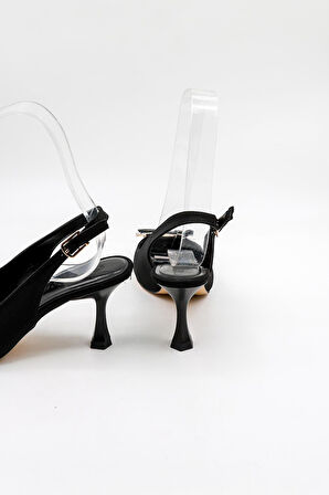 Park Moda Arkası Açık Toka Detaylı Nubuk Topuklu Ayakkabı PM439 Siyah Nubuk