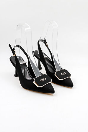 Park Moda Arkası Açık Toka Detaylı Nubuk Topuklu Ayakkabı PM439 Siyah Nubuk