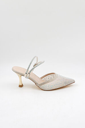 Park Moda Taşlı Kısa Kısa Topuklu Arkası Açık Abiye Kadın Terlik ve  Ayakkabı PM309 Dore