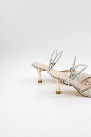 Park Moda Taşlı Kısa Kısa Topuklu Arkası Açık Abiye Kadın Terlik ve  Ayakkabı PM309 Dore