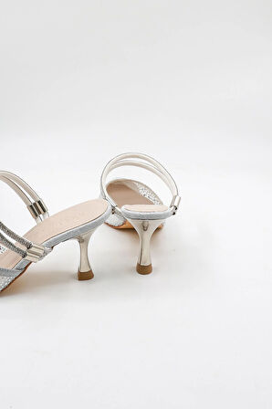 Park Moda Taşlı Kısa Kısa Topuklu Arkası Açık Abiye Kadın Terlik ve  Ayakkabı PM309 Gümüş