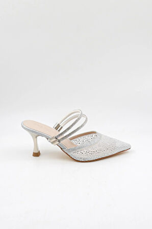 Park Moda Taşlı Kısa Kısa Topuklu Arkası Açık Abiye Kadın Terlik ve  Ayakkabı PM309 Gümüş