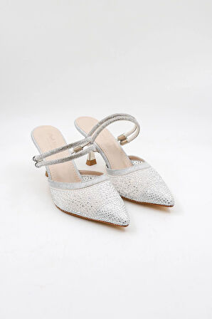 Park Moda Taşlı Kısa Kısa Topuklu Arkası Açık Abiye Kadın Terlik ve  Ayakkabı PM309 Gümüş