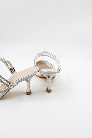 Park Moda Taşlı Kısa Kısa Topuklu Arkası Açık Abiye Kadın Terlik ve  Ayakkabı PM309 Gümüş