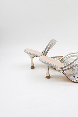 Park Moda Taşlı Kısa Kısa Topuklu Arkası Açık Abiye Kadın Terlik ve  Ayakkabı PM309 Gümüş