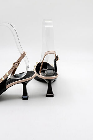 Park Moda Kısa Kısa Topuklu Arkası Açık Zımba Detaylı Kadın Ayakkabı PM492 Siyah Cilt Bej