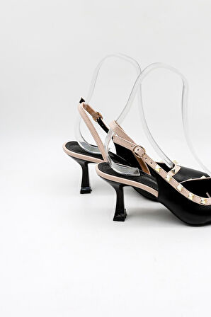 Park Moda Kısa Kısa Topuklu Arkası Açık Zımba Detaylı Kadın Ayakkabı PM492 Siyah Cilt Bej