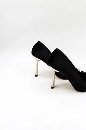 Park Moda Kadife Taş Detaylı Kadın Topuklu Klasik Ayakkabı PM492 Siyah