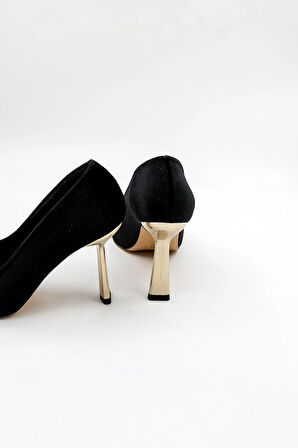 Park Moda Kadife Taş Detaylı Kadın Topuklu Klasik Ayakkabı PM492 Siyah