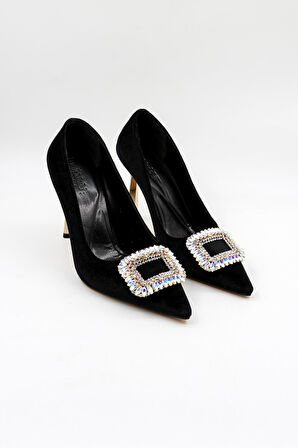 Park Moda Kadife Taş Detaylı Kadın Topuklu Klasik Ayakkabı PM492 Siyah