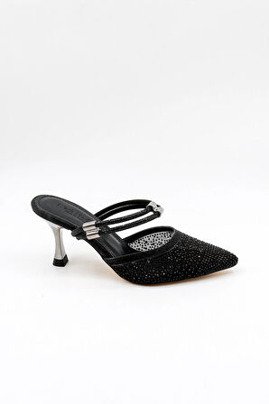 Park Moda Taşlı Kısa Kısa Topuklu Arkası Açık Abiye Kadın Terlik ve  Ayakkabı PM309 Siyah