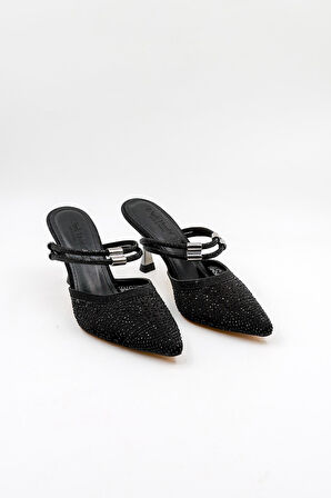 Park Moda Taşlı Kısa Kısa Topuklu Arkası Açık Abiye Kadın Terlik ve  Ayakkabı PM309 Siyah