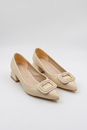 Park Moda Tokalı Sivri Burun Kısa Topuklu Kadın Babet Ayakkabı PM483 Ten Cilt