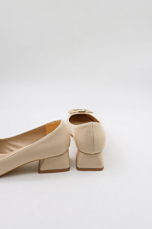 Park Moda Tokalı Sivri Burun Kısa Topuklu Kadın Babet Ayakkabı PM483 Ten Cilt