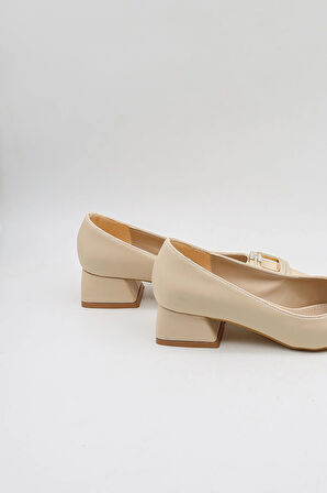 Park Moda Tokalı Sivri Burun Kısa Topuklu Kadın Babet Ayakkabı PM483 Ten Cilt