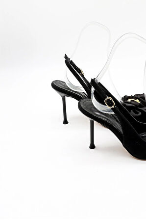 Park Moda Arkası Açık Fiyonk Aksesuarlı Nubuk Kadın Ayakkabı PM230 Siyah Nubuk