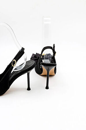 Park Moda Arkası Açık Fiyonk Aksesuarlı Nubuk Kadın Ayakkabı PM230 Siyah Nubuk