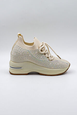 Kriste Bell Taş Detaylı Triko İthal Kadın Sneakers Spor Ayakkabı KB0009 Bej