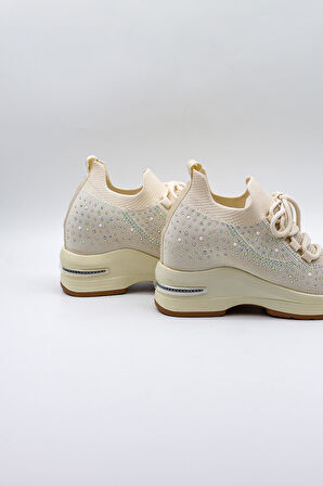 Kriste Bell Taş Detaylı Triko İthal Kadın Sneakers Spor Ayakkabı KB0009 Bej