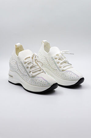 Kriste Bell Taş Detaylı Triko İthal Kadın Sneakers Spor Ayakkabı KB0009 Beyaz