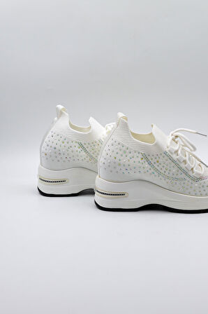 Kriste Bell Taş Detaylı Triko İthal Kadın Sneakers Spor Ayakkabı KB0009 Beyaz