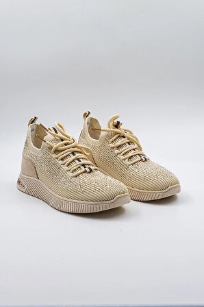 Kriste Bell Taş Detaylı Triko İthal Kadın Sneakers Spor Ayakkabı KB0001 Bej