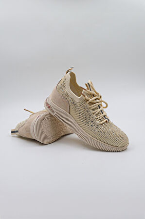 Kriste Bell Taş Detaylı Triko İthal Kadın Sneakers Spor Ayakkabı KB0001 Bej