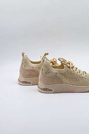Kriste Bell Taş Detaylı Triko İthal Kadın Sneakers Spor Ayakkabı KB0001 Bej