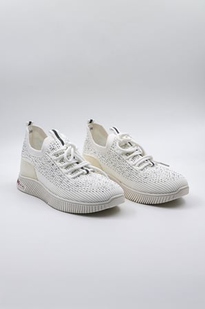 Kriste Bell Taş Detaylı Triko İthal Kadın Sneakers Spor Ayakkabı KB0001 Beyaz