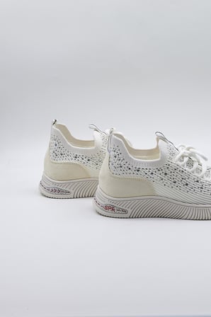 Kriste Bell Taş Detaylı Triko İthal Kadın Sneakers Spor Ayakkabı KB0001 Beyaz
