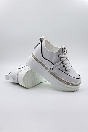 Kriste Bell Yüksek Taban Taş Detaylı İthal Kadın Spor Ayakkabı  KB0002 Beyaz