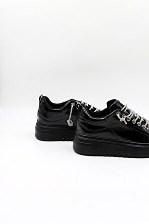 Kriste Bell Yüksek Taban Taşlı Bağcıklı Sneaker Kadın Spor Ayakkabı  KB6002 Siyah