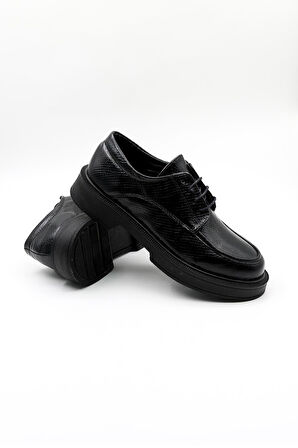 Kriste Bell Bağcıklı Klasik ve Günlük Kadın Ayakkabı KB268 Siyah Yılan