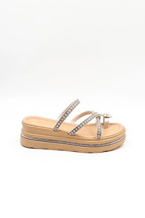 Guja Dolgu Tabanlı Taşlı Şık Terlik GJ398 Bej