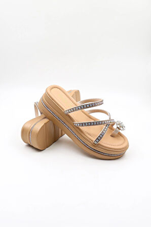 Guja Dolgu Tabanlı Taşlı Şık Terlik GJ398 Bej