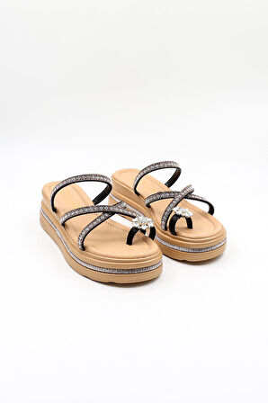 Guja Dolgu Tabanlı Taşlı Şık Terlik GJ398 Siyah