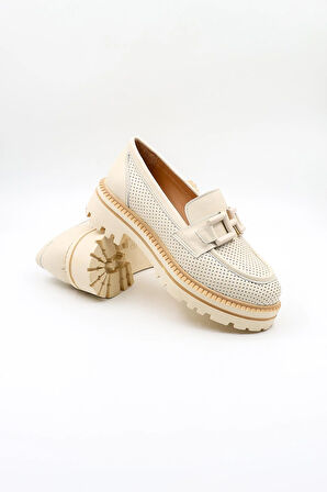 Venüs Kadın Hakiki Deri Toka Detaylı Loafer Günlük Ayakkabı VN11530Y Bej