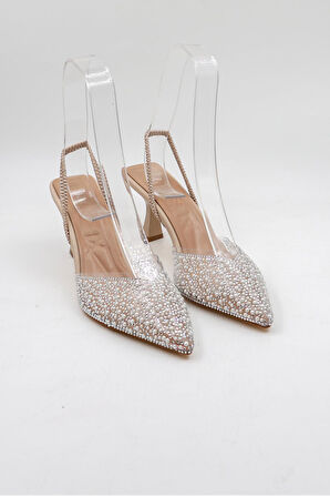 Park Moda Şeffaf Taş ve İnci Detaylı Topuklu Abiye Ayakkabı PM474 Ten Cilt