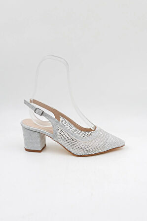 Park Moda Taşlı Kısa Kısa Topuklu Arkası Açık Abiye Kadın  Ayakkabı PM309 Gümüş Sim