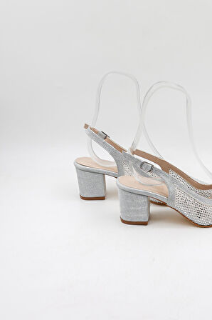 Park Moda Taşlı Kısa Kısa Topuklu Arkası Açık Abiye Kadın  Ayakkabı PM309 Gümüş Sim