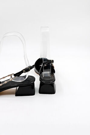 Park Moda Kısa Kalın Topuklu Kadın Ayakkabı PM483 Siyah Rugan