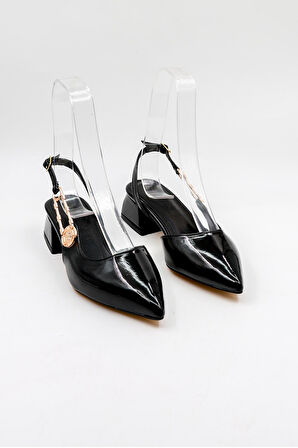 Park Moda Kısa Kalın Topuklu Kadın Ayakkabı PM483 Siyah Rugan