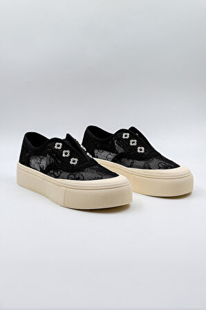 Kriste Bell Dantel Detaylı İthal Kadın Sneakers Spor Ayakkabı KB0523 Siyah