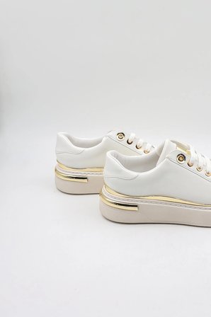 Park Moda Siyah Cilt Bağcıklı Altın Spor Ayakkabı PM239 Beyaz Cilt