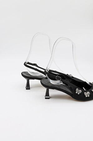 Park Moda Kadın Arkası Açık Kelebek Aksesuarlı Topuklu  Ayakkabı PM559 Siyah Nubuk