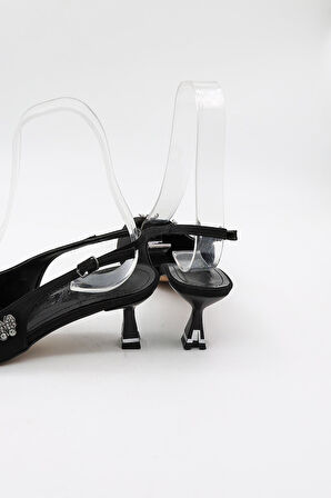 Park Moda Kadın Arkası Açık Kelebek Aksesuarlı Topuklu  Ayakkabı PM559 Siyah Nubuk