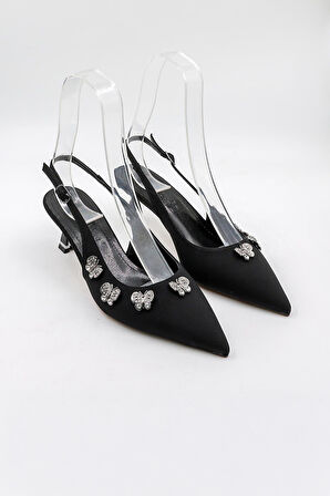 Park Moda Kadın Arkası Açık Kelebek Aksesuarlı Topuklu  Ayakkabı PM559 Siyah Nubuk