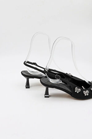 Park Moda Kadın Arkası Açık Kelebek Aksesuarlı Topuklu  Ayakkabı PM559 Siyah Nubuk